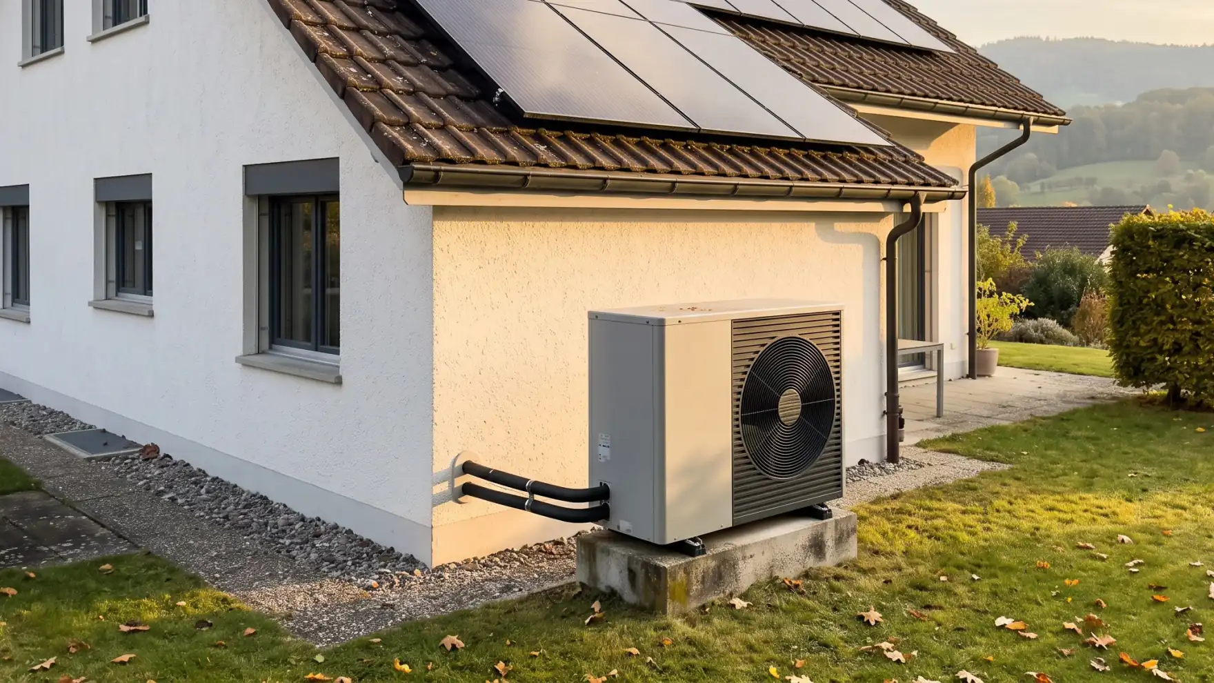 Luft-Wasser-Wärmepumpe im Garten eines Einfamilienhauses mit Solaranlage auf dem Dach